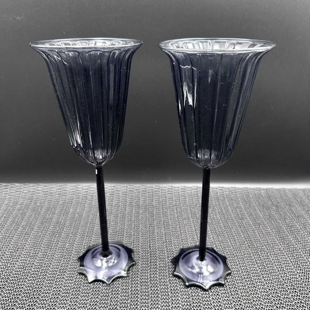 Threshold Black Ribbed Champagne Glasses Set of 2 Smoke Glass Flutes 9.47oz
